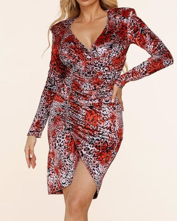 red leopard bodycon dress Red Leopard Satin Ruched Side Slip Dress