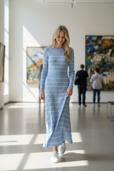 Blue Bliss Striped Sweater Maxi Dress ️ – Cozy Knit Elegance S