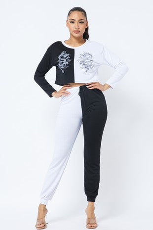 Colorblock Split Two-Tone Cozy Sweatshirt and Jogger Set