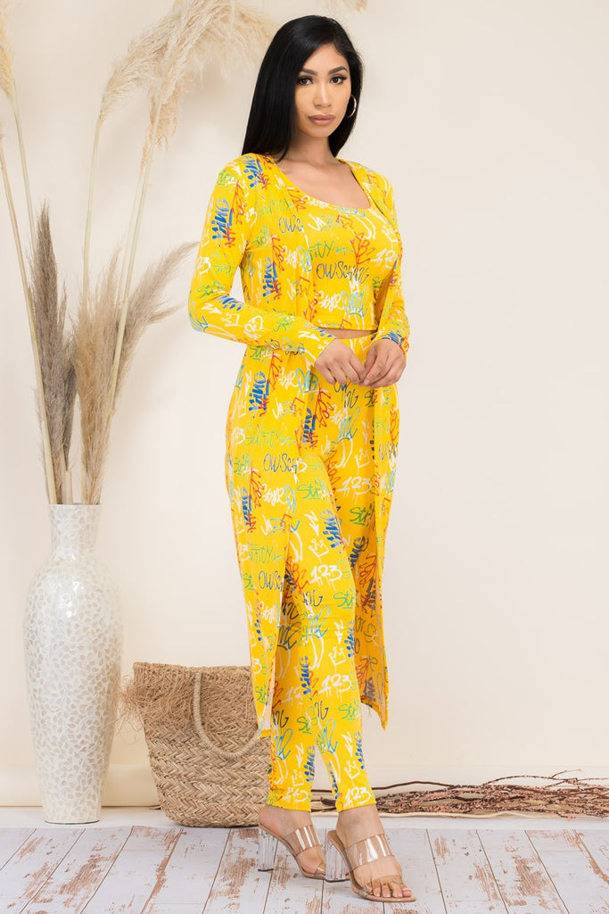 Graffiti Print 3-Piece Maxi Duster Outfit Set with Leggings