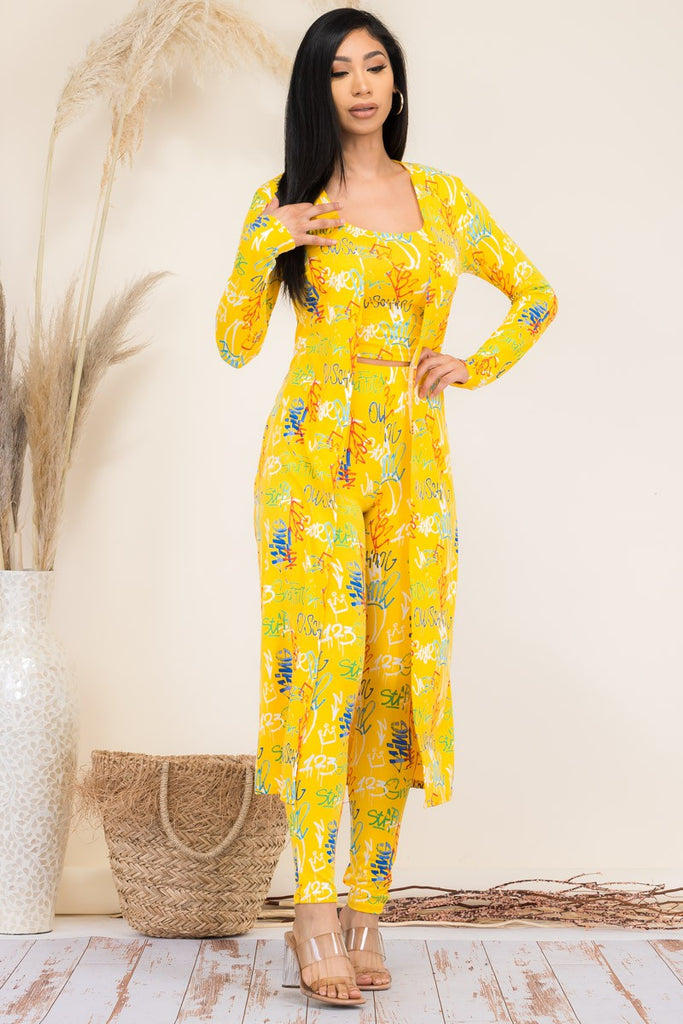 Graffiti Print 3-Piece Maxi Duster Outfit Set with Leggings