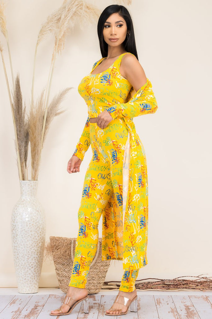 Graffiti Print 3-Piece Maxi Duster Outfit Set with Leggings