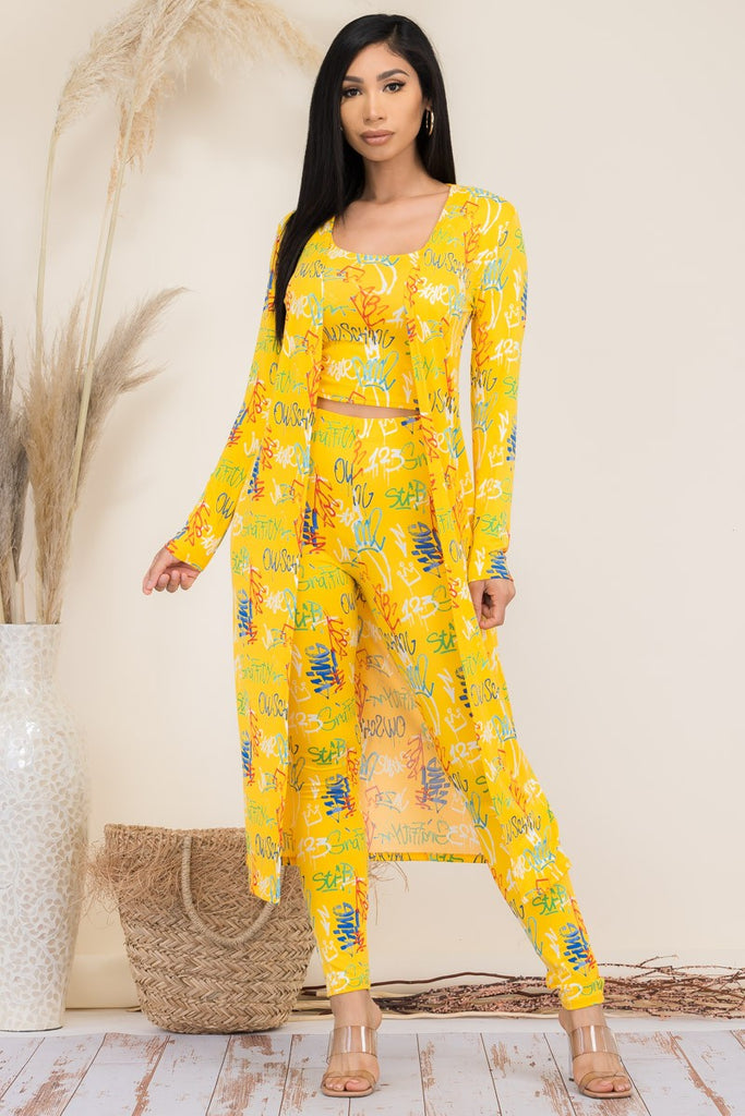 Graffiti Print 3-Piece Maxi Duster Outfit Set with Leggings
