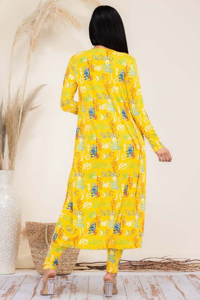 Graffiti Print 3-Piece Maxi Duster Outfit Set with Leggings