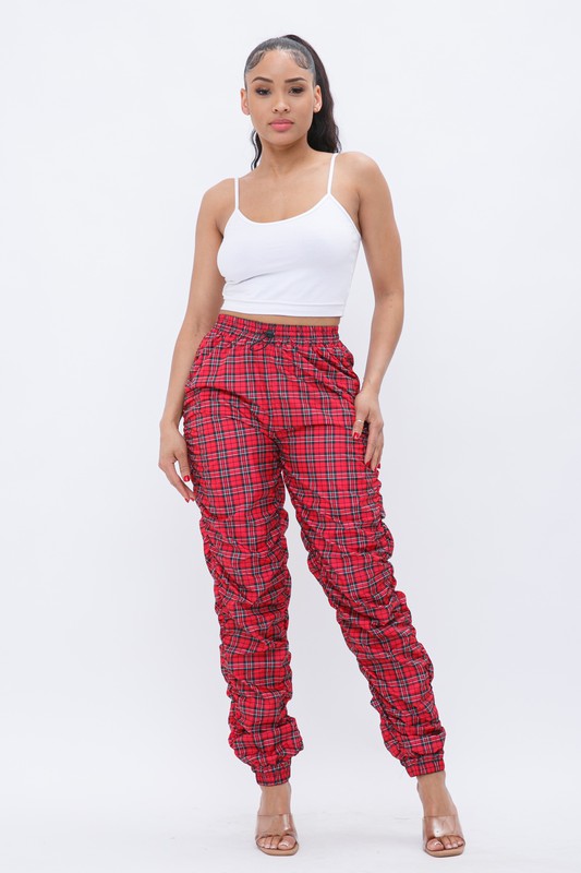 ❤️ Red Plaid Ruched Jogger Pants High Waist Elastic Tapered ❤️