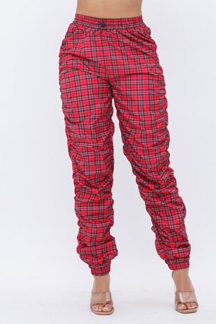 Red Plaid Ruched Jogger Pants High Waist Elastic Tapered
