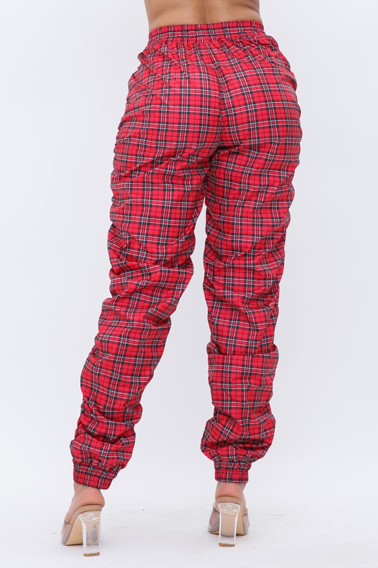 ❤️ Red Plaid Ruched Jogger Pants High Waist Elastic Tapered ❤️