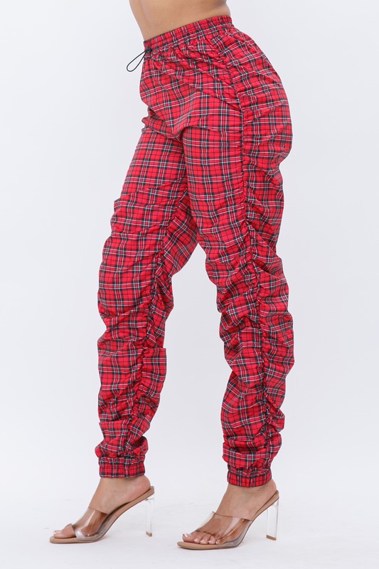❤️ Red Plaid Ruched Jogger Pants High Waist Elastic Tapered ❤️