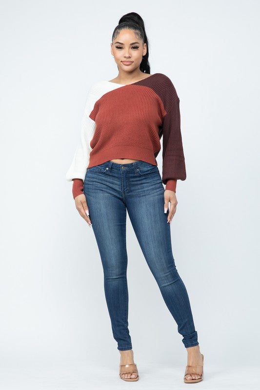 🤎🍂Women's Colorblock Asymmetrical Pullover Sweater with Cozy Balloon Sleeves 🤎🍂