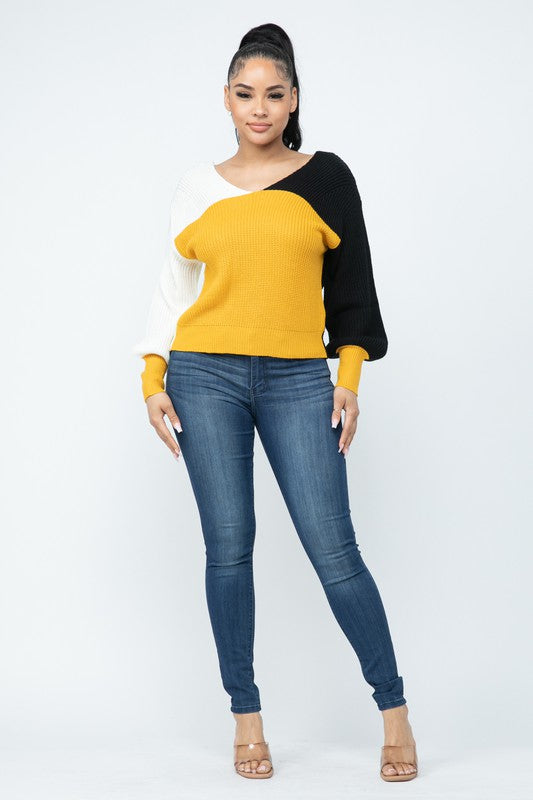 💛🍂Women's Colorblock Asymmetrical Pullover Sweater with Cozy Balloon Sleeves 💛🍂