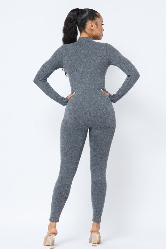 💖Women's Ribbed Zip-Front Long-Sleeve Slim Fit Jumpsuit Grey💖