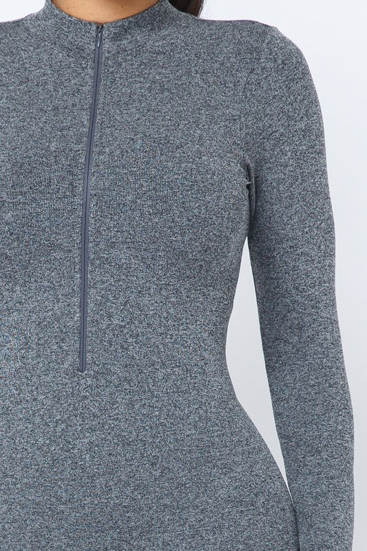 💖Women's Ribbed Zip-Front Long-Sleeve Slim Fit Jumpsuit Grey💖