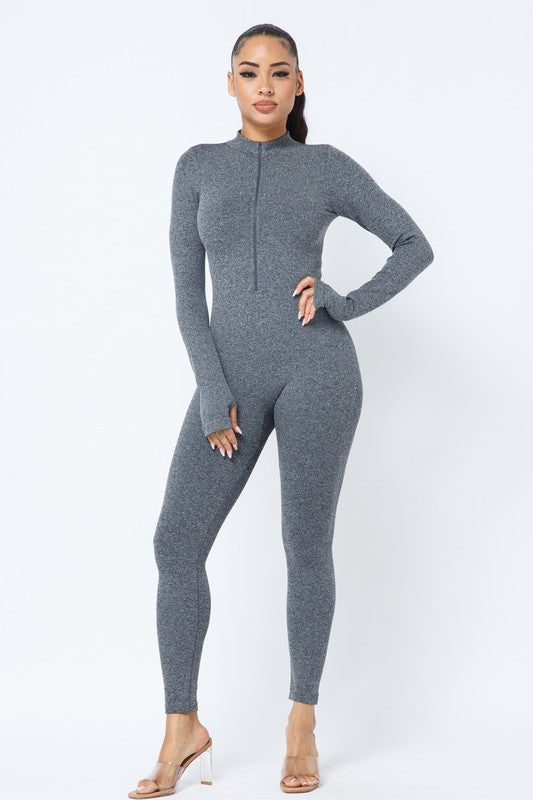 💖Women's Ribbed Zip-Front Long-Sleeve Slim Fit Jumpsuit Grey💖