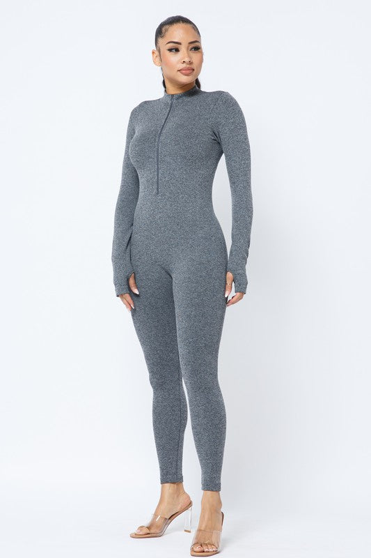 💖Women's Ribbed Zip-Front Long-Sleeve Slim Fit Jumpsuit Grey💖