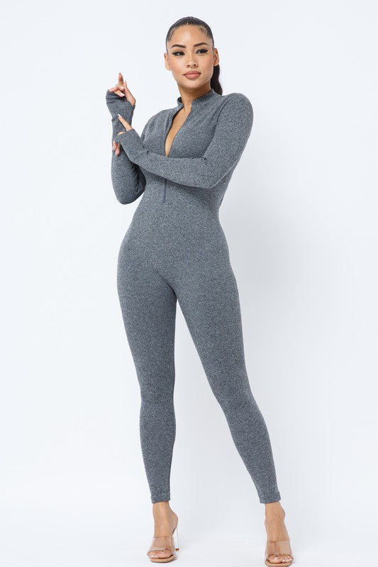 💖Women's Ribbed Zip-Front Long-Sleeve Slim Fit Jumpsuit Grey💖