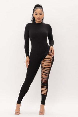 Black Ripped One-Leg Jumpsuit Sexy Long-Sleeve Stretch Bodycon Catsuit