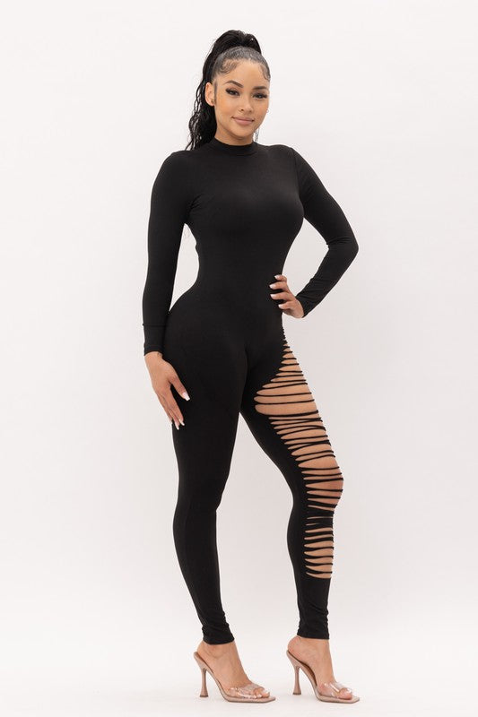 🖤✨Black Ripped One-Leg Jumpsuit Sexy Long-Sleeve Stretch Bodycon Catsuit 🖤✨