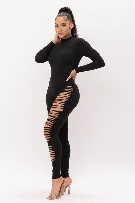 🖤✨Black Ripped One-Leg Jumpsuit Sexy Long-Sleeve Stretch Bodycon Catsuit 🖤✨