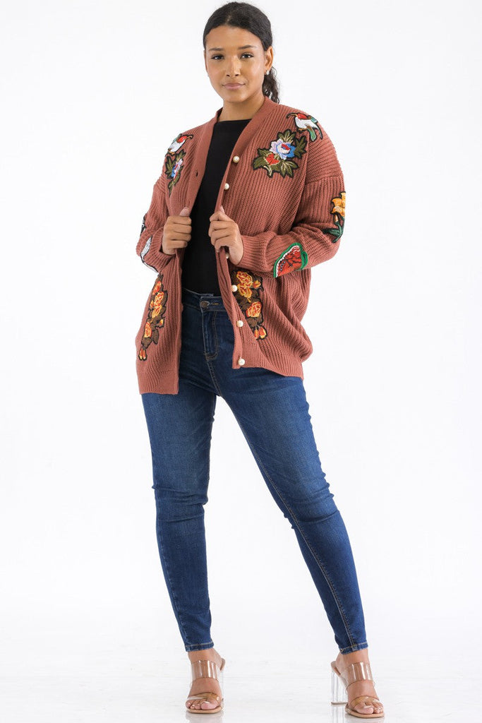 Pearl-Button Patch Knit Cardigan Relaxed V-Neck One-Size Cozy