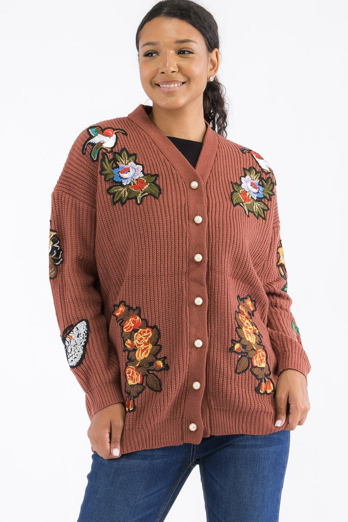 Pearl-Button Patch Knit Cardigan Relaxed V-Neck One-Size Cozy