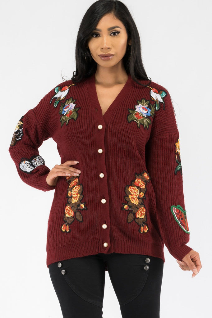 Pearl-Button Patch Knit Cardigan Relaxed V-Neck One-Size Cozy