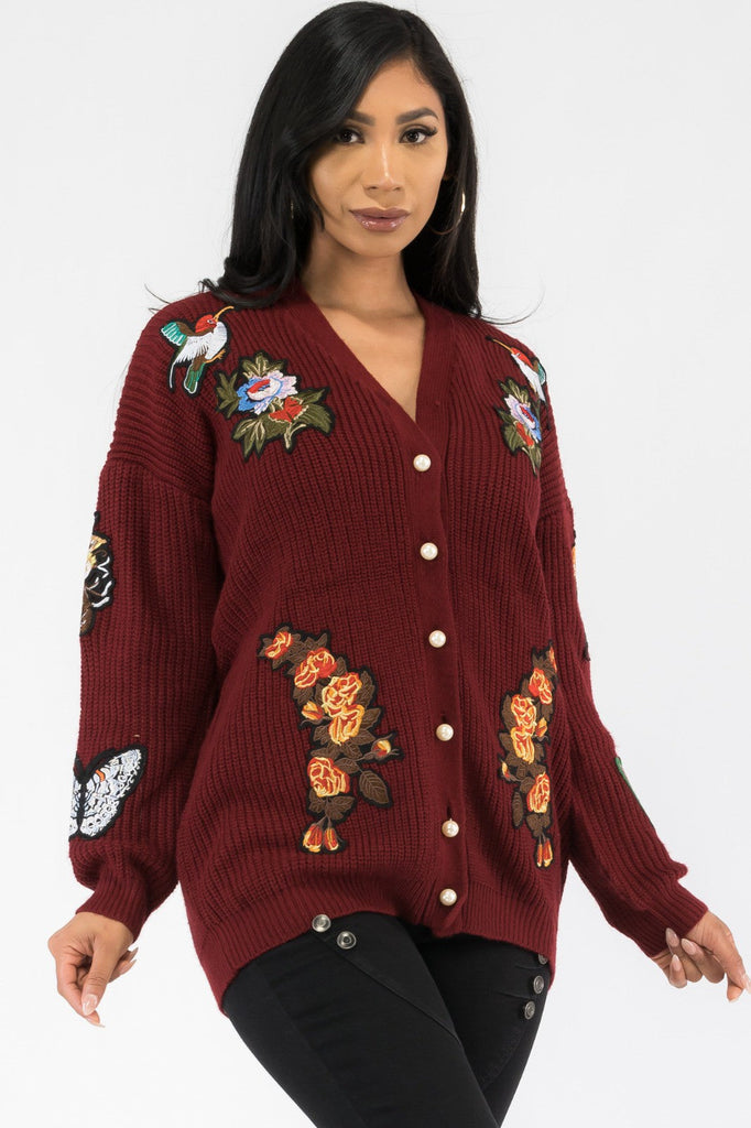 Pearl-Button Patch Knit Cardigan Relaxed V-Neck One-Size Cozy