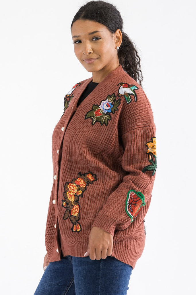 Pearl-Button Patch Knit Cardigan Relaxed V-Neck One-Size Cozy