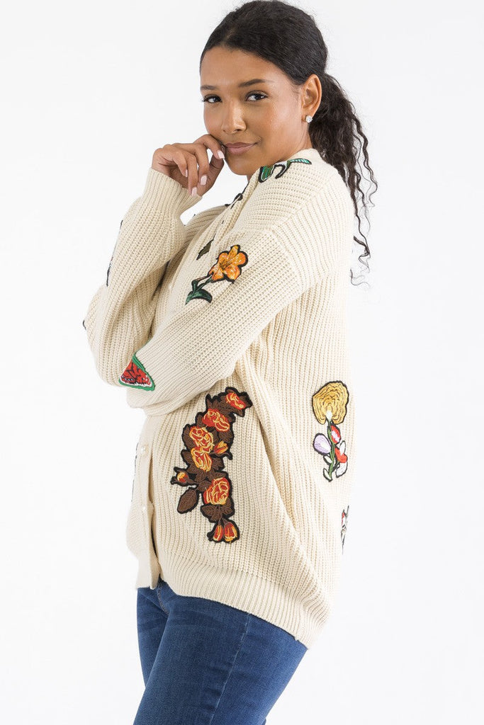 Pearl-Button Patch Knit Cardigan Relaxed V-Neck One-Size Cozy