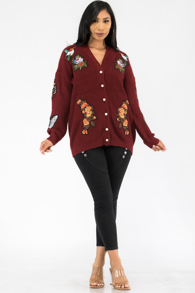 Pearl-Button Patch Knit Cardigan Relaxed V-Neck One-Size Cozy