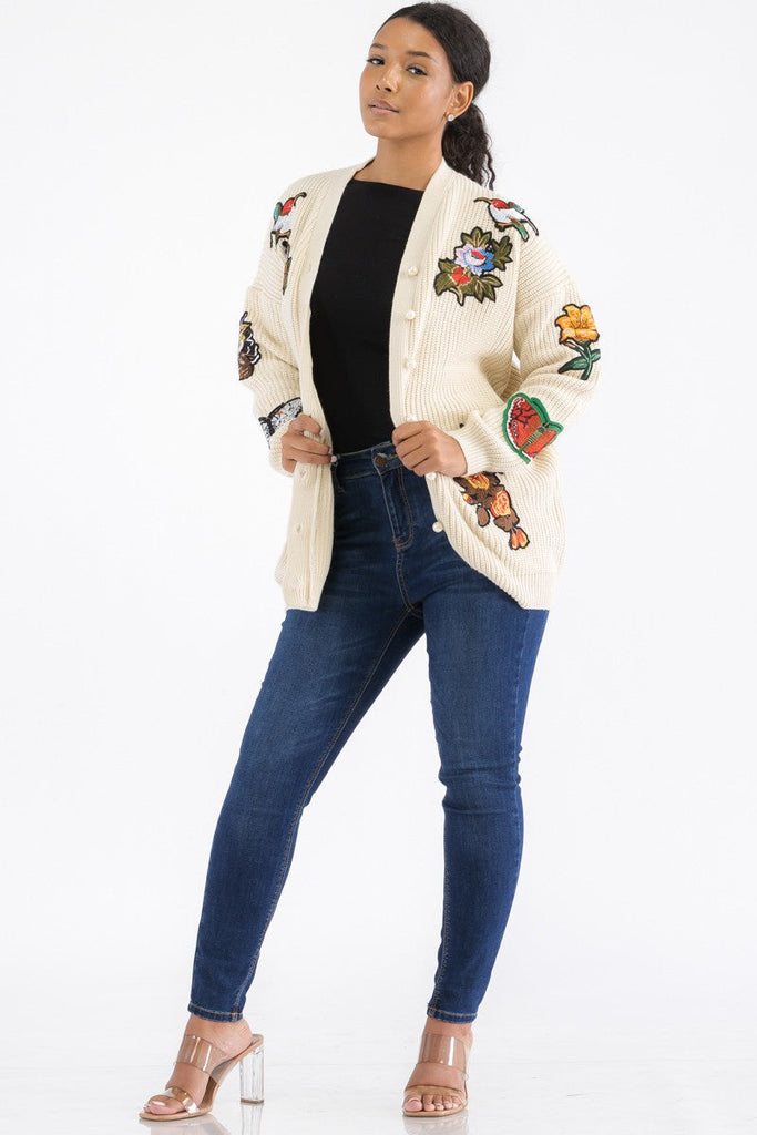 Pearl-Button Patch Knit Cardigan Relaxed V-Neck One-Size Cozy