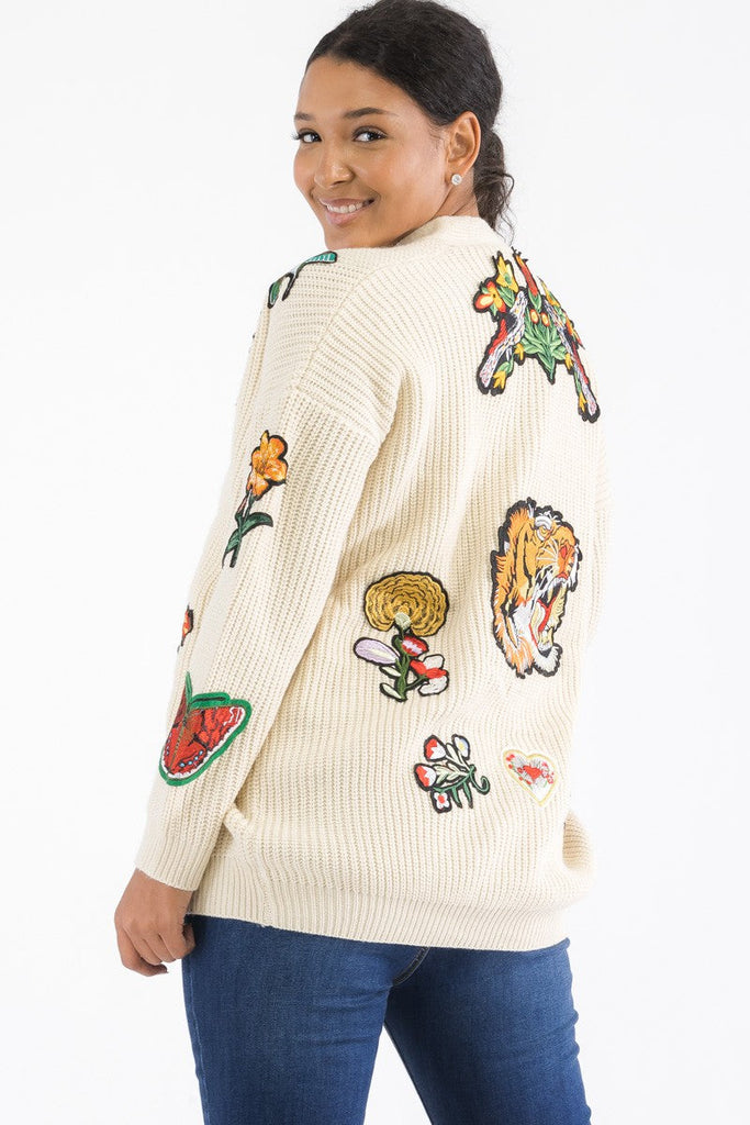 Pearl-Button Patch Knit Cardigan Relaxed V-Neck One-Size Cozy