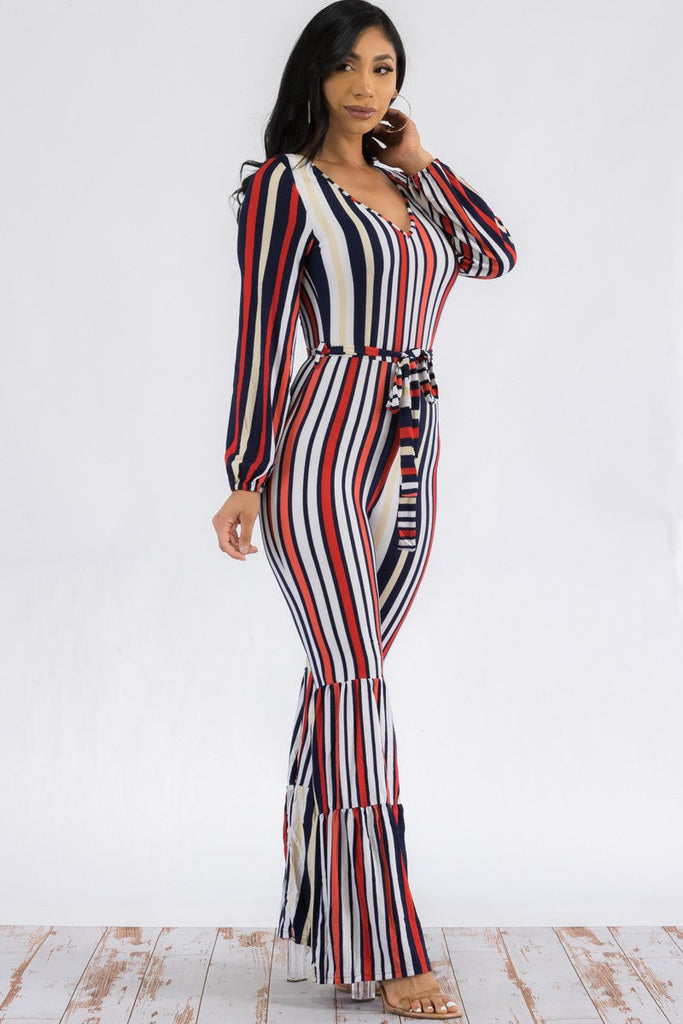 Striped Long-Sleeve Puff-Shoulder Jumpsuit High-Waist Wide-Leg Two-Tone Stretch 🇺🇸