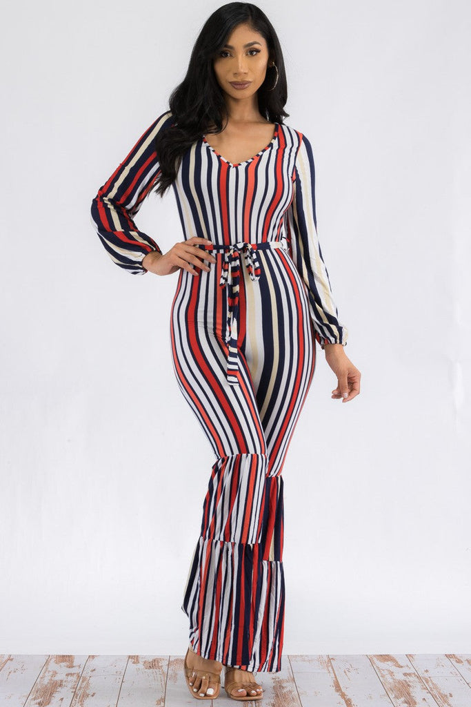Striped Long-Sleeve Puff-Shoulder Jumpsuit High-Waist Wide-Leg Two-Tone Stretch 🇺🇸