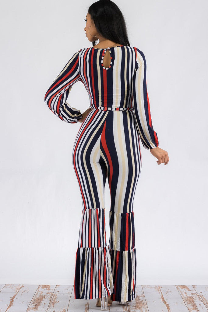 Striped Long-Sleeve Puff-Shoulder Jumpsuit High-Waist Wide-Leg Two-Tone Stretch 🇺🇸