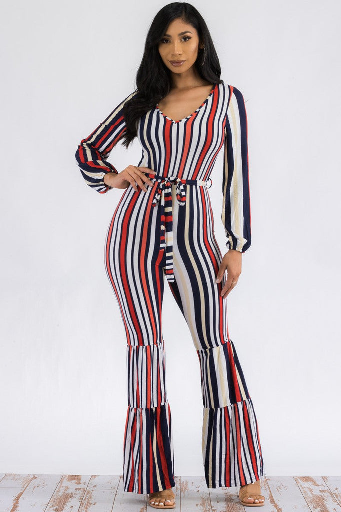 Striped Long-Sleeve Puff-Shoulder Jumpsuit High-Waist Wide-Leg Two-Tone Stretch 🇺🇸