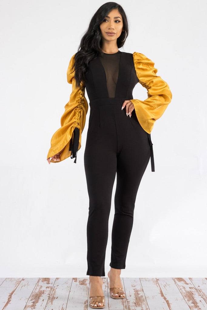 Ruched Long-Sleeve Bodycon Jumpsuit Plunging V-Neck Tie-Sleeve Ankle