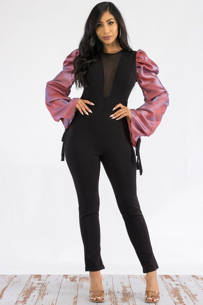 Ruched Long-Sleeve Bodycon Jumpsuit Plunging V-Neck Tie-Sleeve Ankle