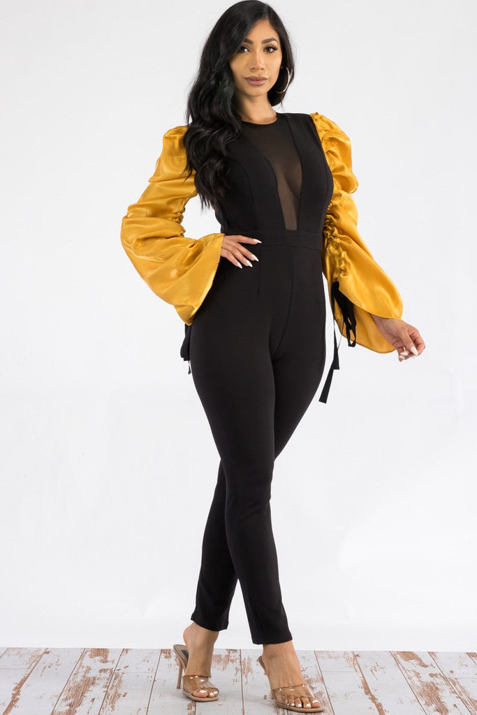 Ruched Long-Sleeve Bodycon Jumpsuit Plunging V-Neck Tie-Sleeve Ankle