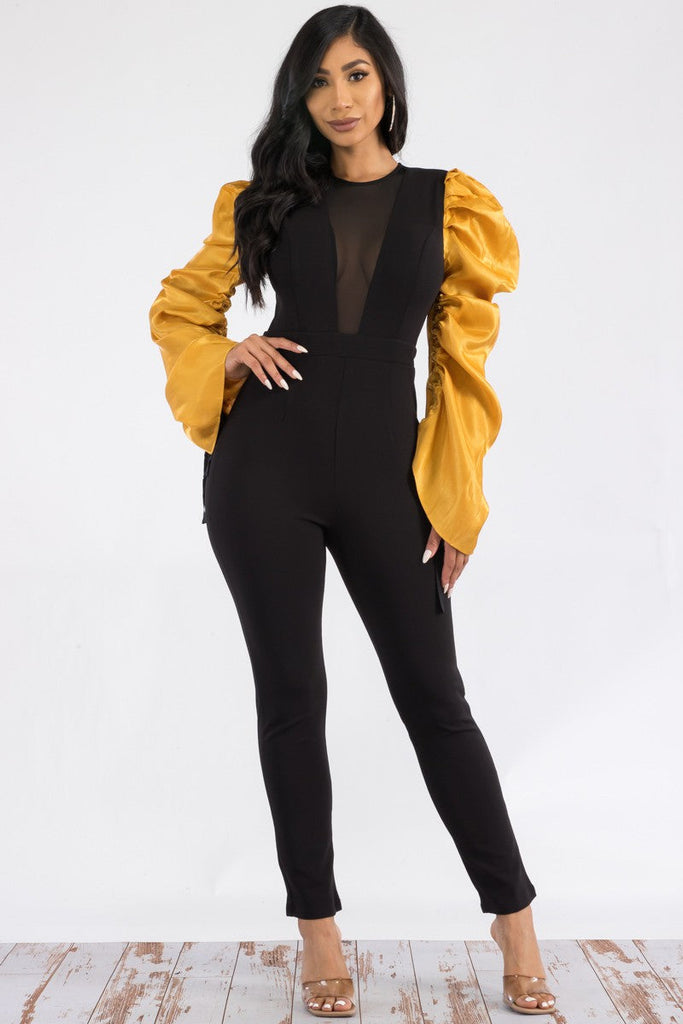 Ruched Long-Sleeve Bodycon Jumpsuit Plunging V-Neck Tie-Sleeve Ankle