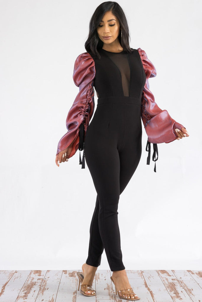 Ruched Long-Sleeve Bodycon Jumpsuit Plunging V-Neck Tie-Sleeve Ankle