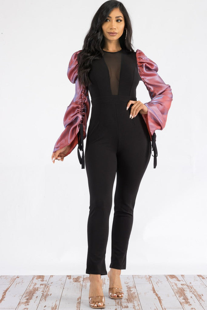 Ruched Long-Sleeve Bodycon Jumpsuit Plunging V-Neck Tie-Sleeve Ankle