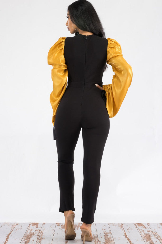 Ruched Long-Sleeve Bodycon Jumpsuit Plunging V-Neck Tie-Sleeve Ankle