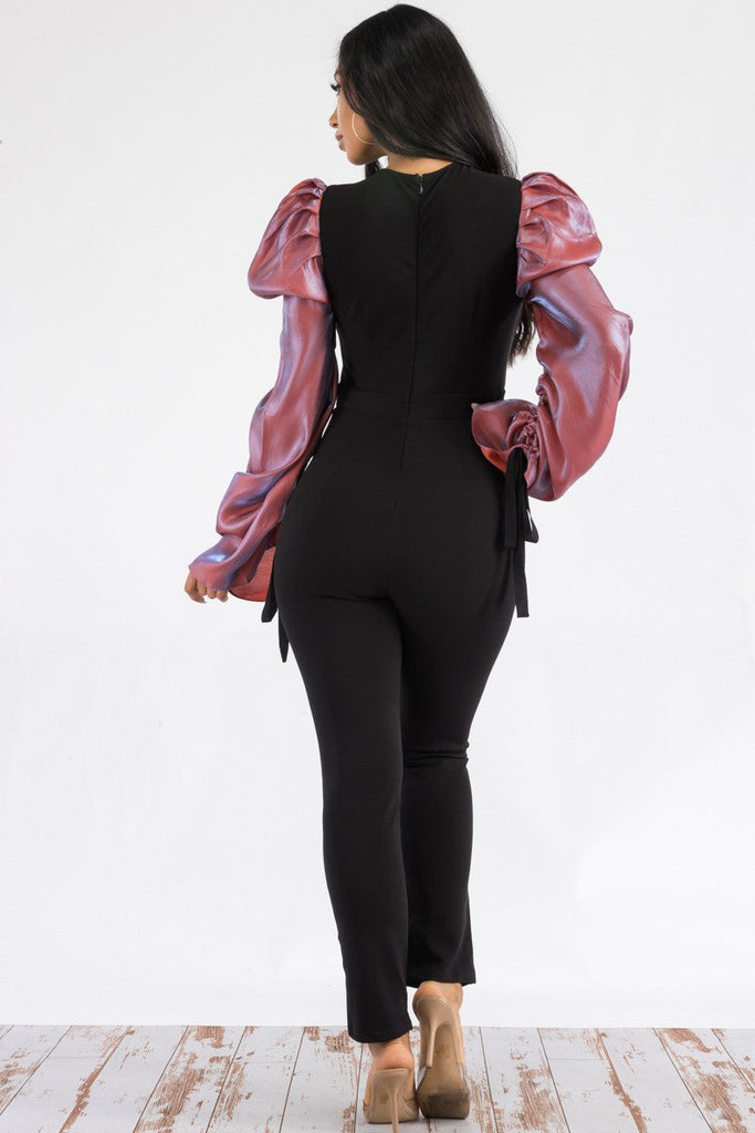 Ruched Long-Sleeve Bodycon Jumpsuit Plunging V-Neck Tie-Sleeve Ankle