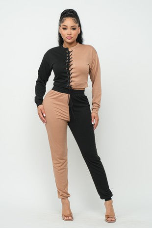 Women's Two‑Tone Colorblock Slim Fit Long‑Sleeve High-Waist Evening Jumpsuit