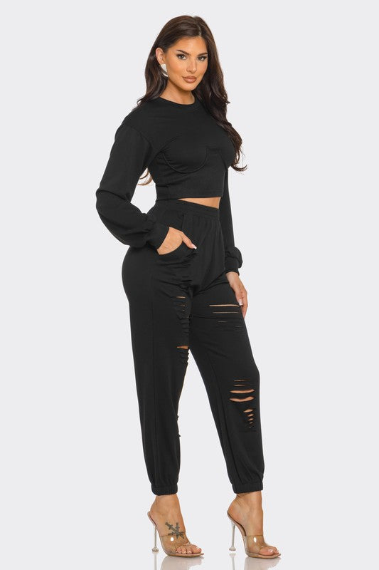 🩷✨Women's Black Cropped Sweatshirt and Jogger Lounge Set 🩷✨