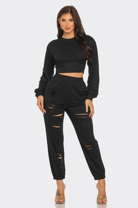 🩷✨Women's Black Cropped Sweatshirt and Jogger Lounge Set 🩷✨