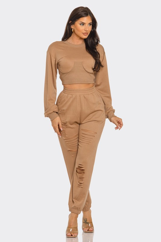 🤎✨Women's Mocha Cropped Sweatshirt and Jogger Lounge Set🤎✨