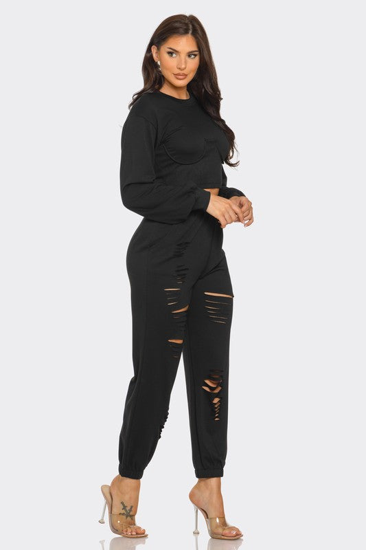 🩷✨Women's Black Cropped Sweatshirt and Jogger Lounge Set 🩷✨