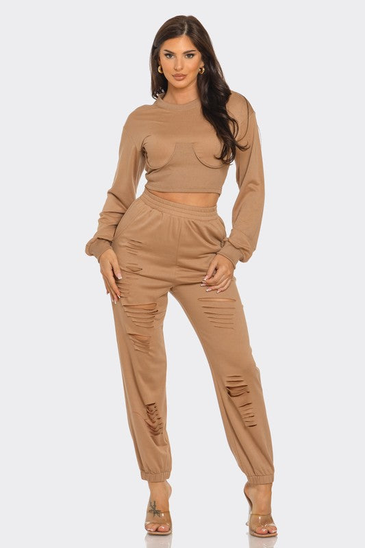 🤎✨Women's Mocha Cropped Sweatshirt and Jogger Lounge Set🤎✨