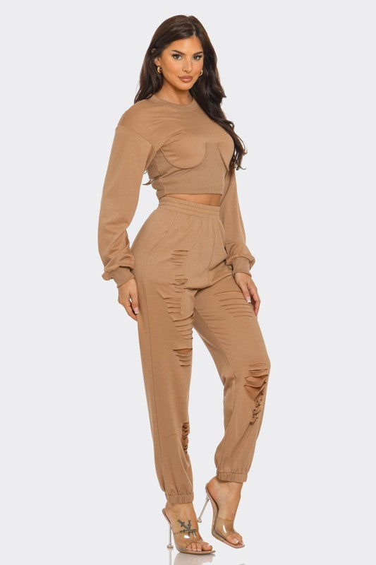 🤎✨Women's Mocha Cropped Sweatshirt and Jogger Lounge Set🤎✨